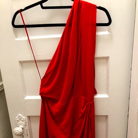 Raw Silk Red Acne Dress - One Shoulder - Size 34 - Picture 2 of 11